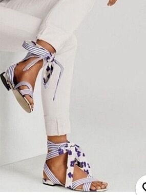 CAbi Blue and White Blue & White Floral & Striped Wrap Sandals